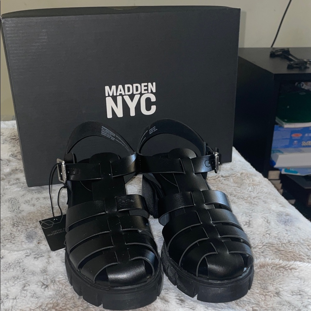 Madden NYC Black Strappy & Block Heel Sandals